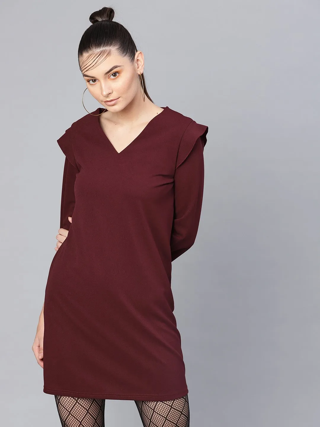 Women Burgundy V-Neck Shift Dress