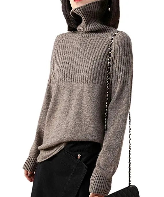 Women Loose Jumpers Wool Knit Split Thick Turtleneck Pullover Winter