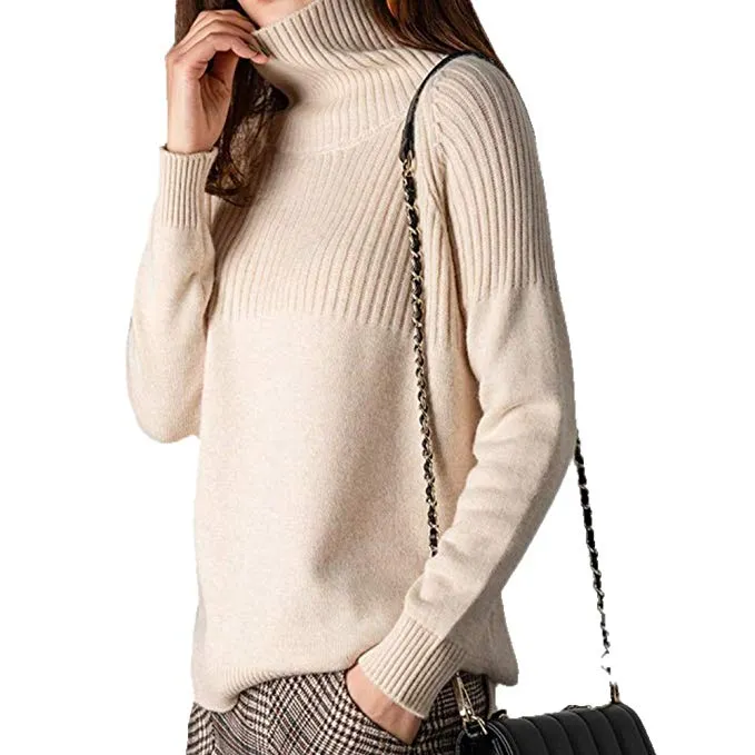 Women Loose Jumpers Wool Knit Split Thick Turtleneck Pullover Winter