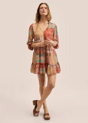 *Women Rust Orange & Mustard Yellow Ethnic Motifs Puff Sleeves A-Line Dress