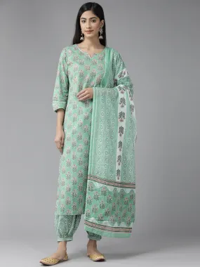 Women Sea Green Pure Cotton Kurta Set With Dupatta