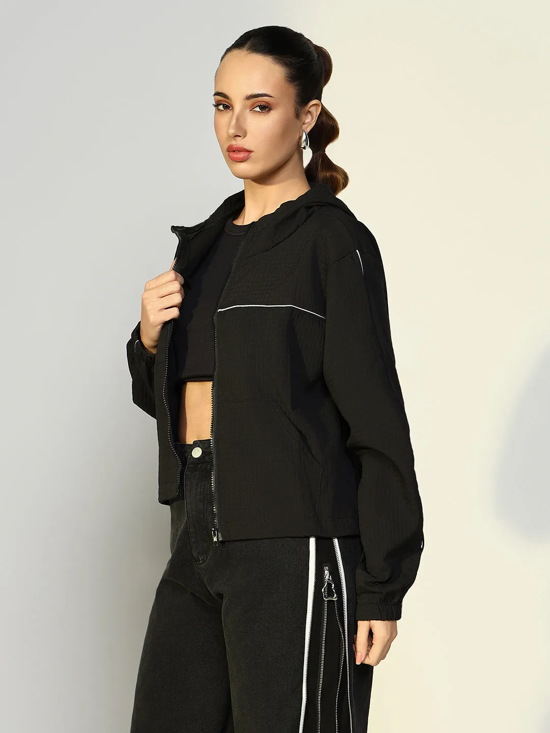 Women Solid Black Bomber Jacket