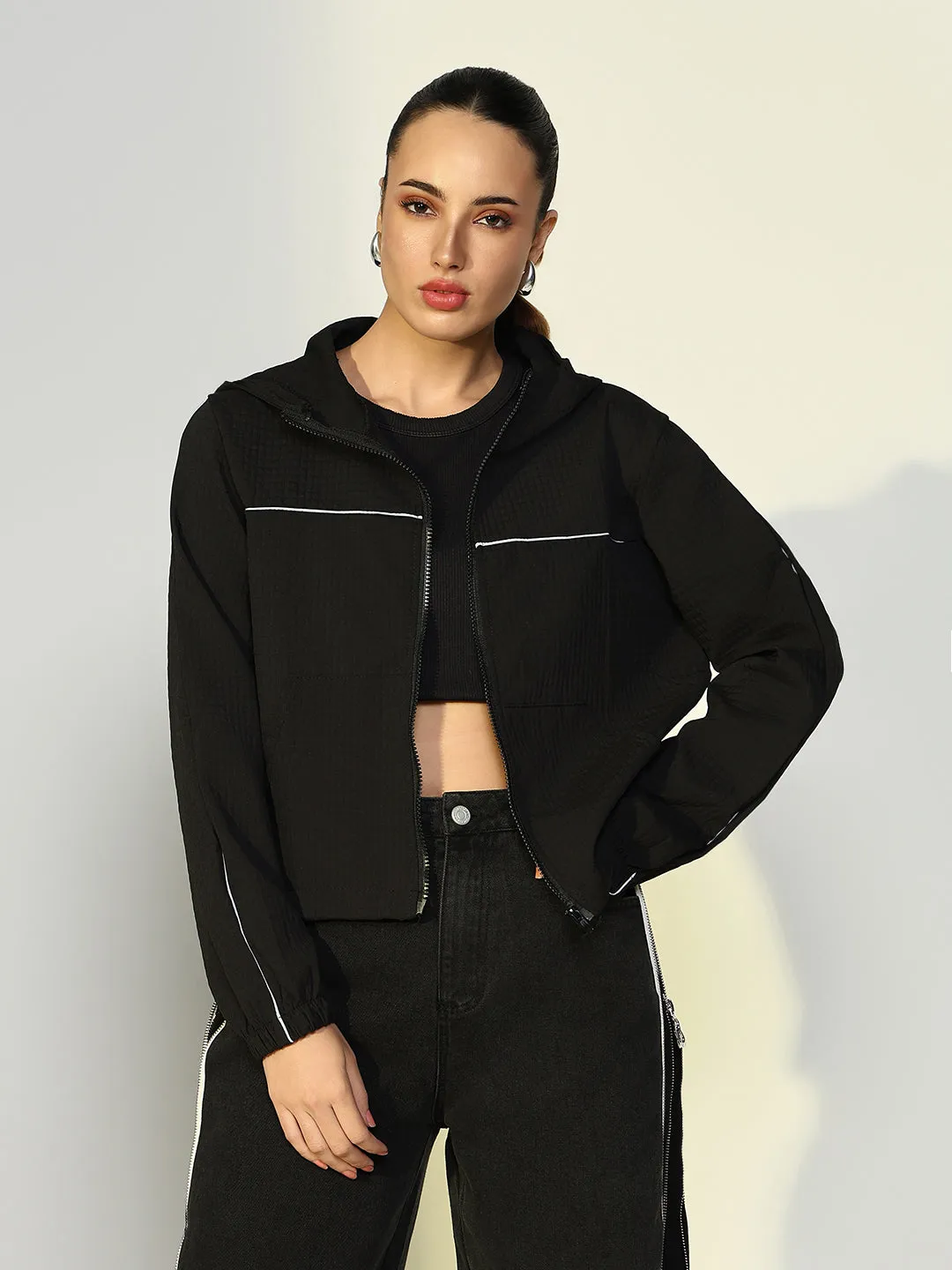 Women Solid Black Bomber Jacket