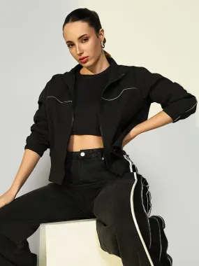 Women Solid Black Bomber Jacket