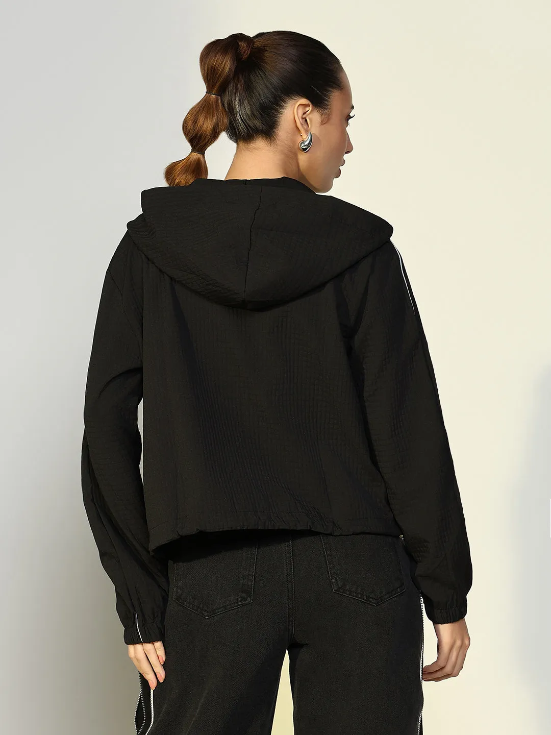 Women Solid Black Bomber Jacket