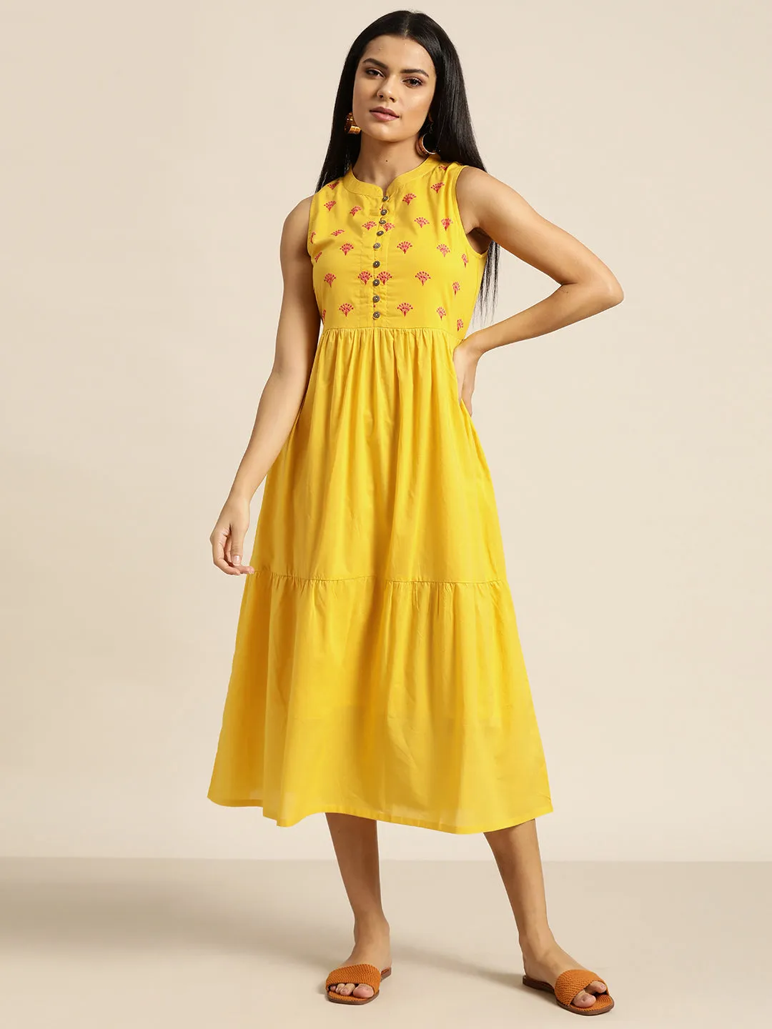 Women Yellow Embroidered Tiered Dress