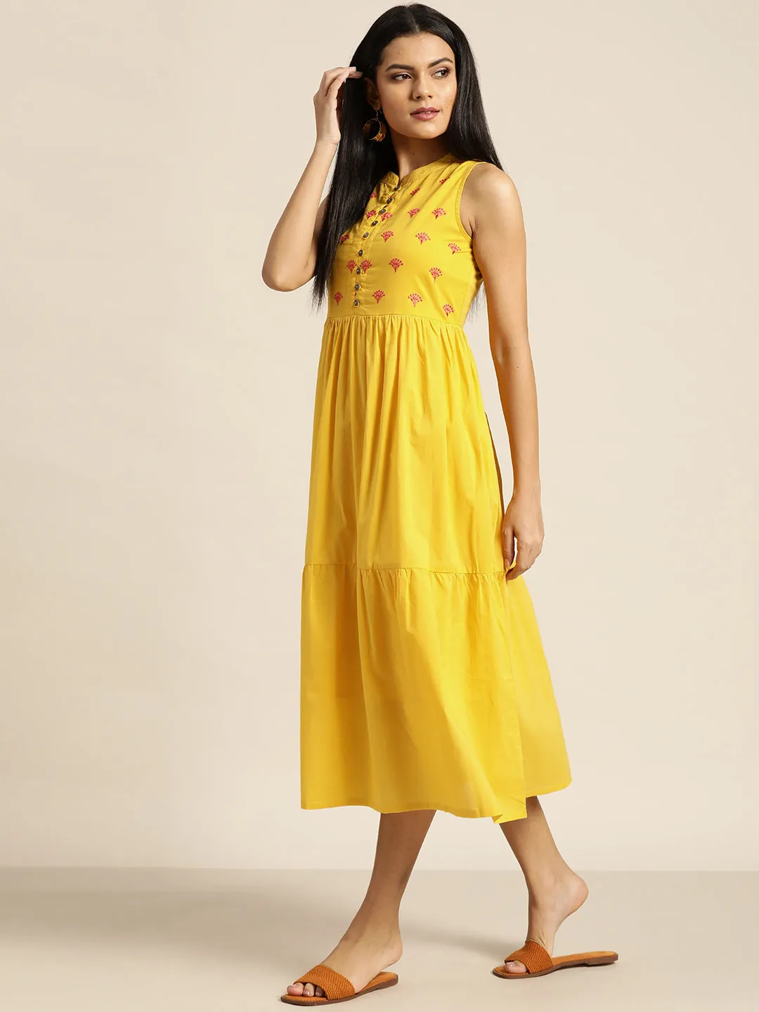 Women Yellow Embroidered Tiered Dress