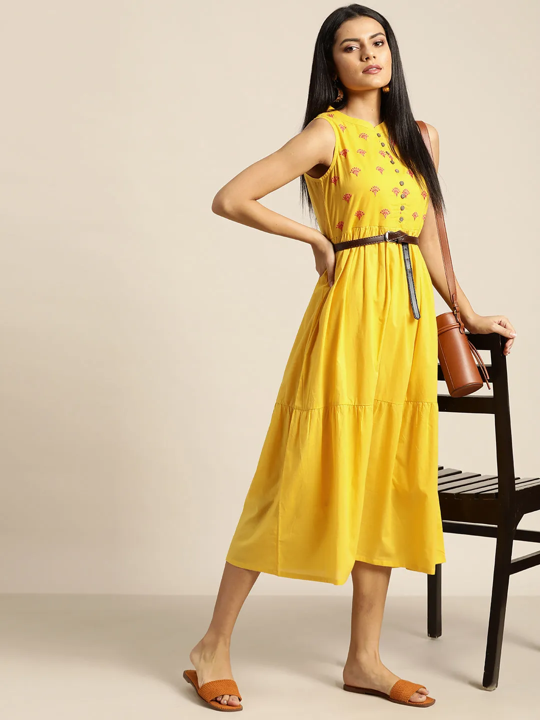 Women Yellow Embroidered Tiered Dress