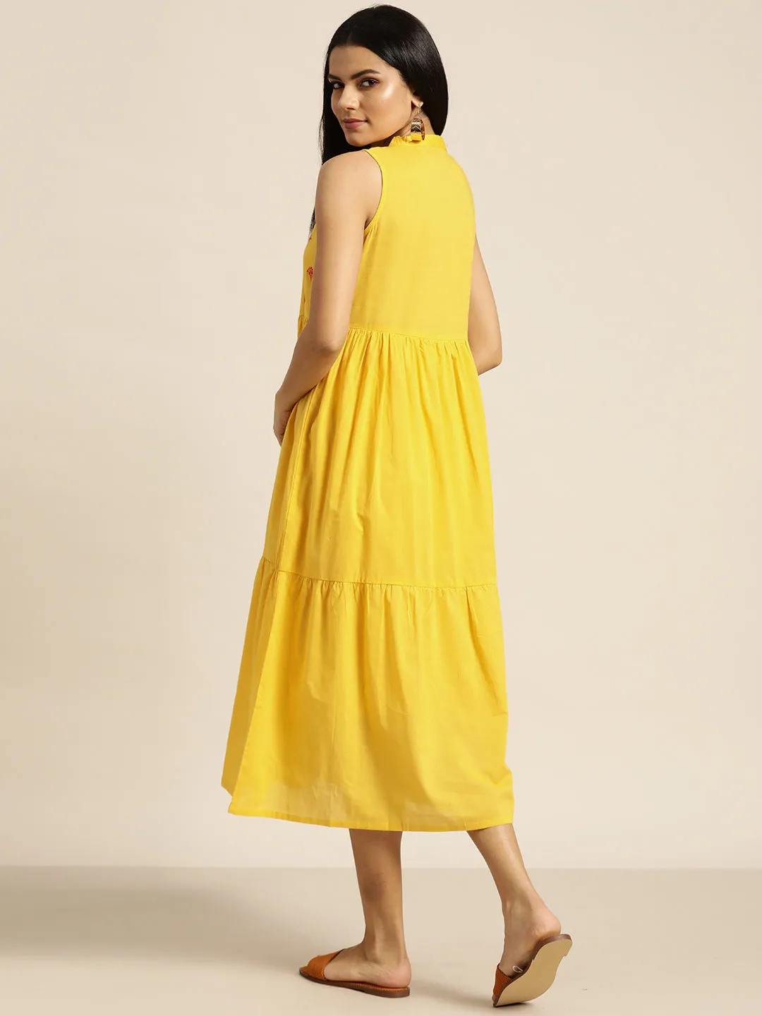 Women Yellow Embroidered Tiered Dress