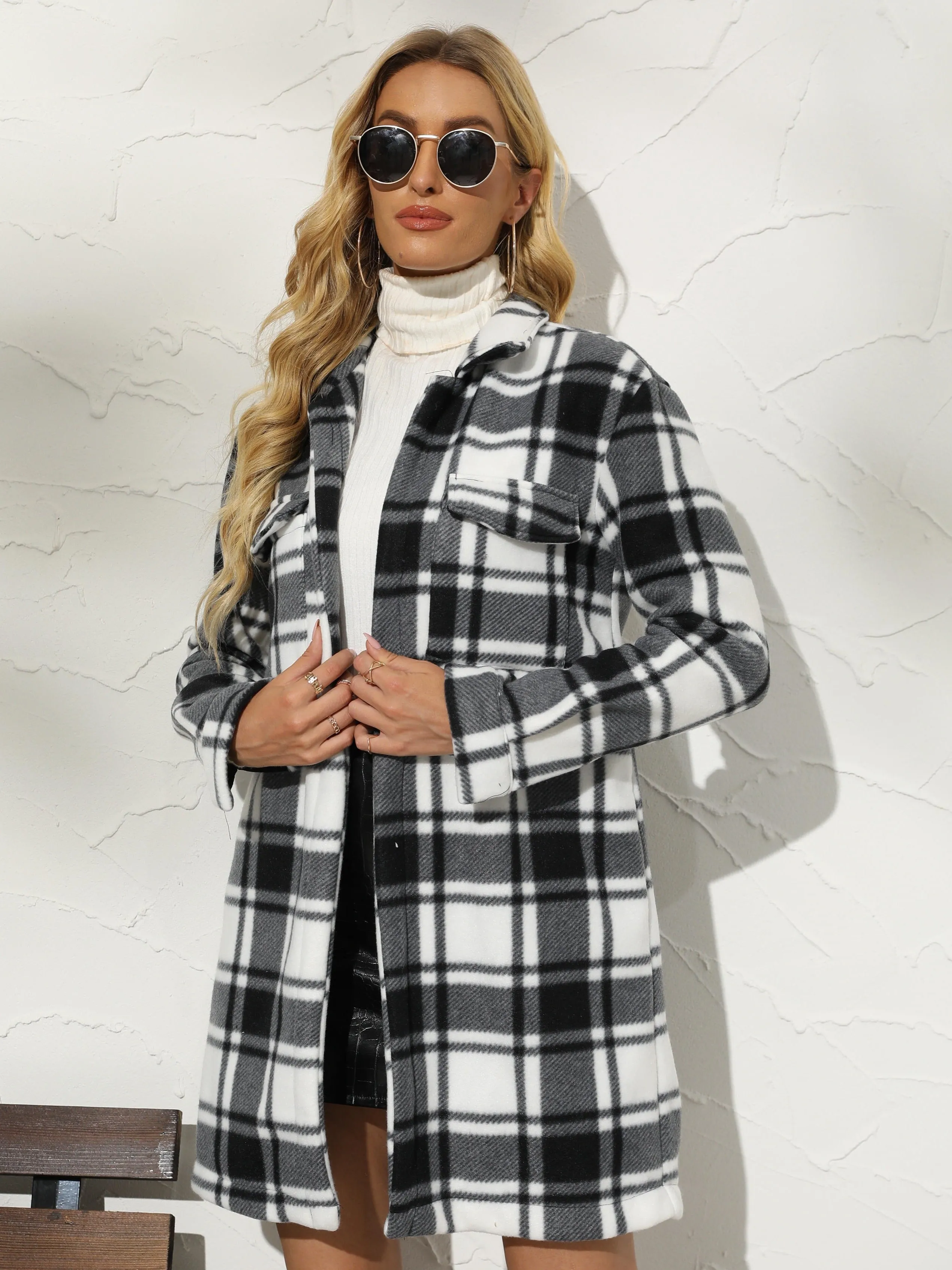 Women's Buffalo Plaid Trench Coats Thick Long Sleeve Button Down Flannel Jacket Lapel Peacoat