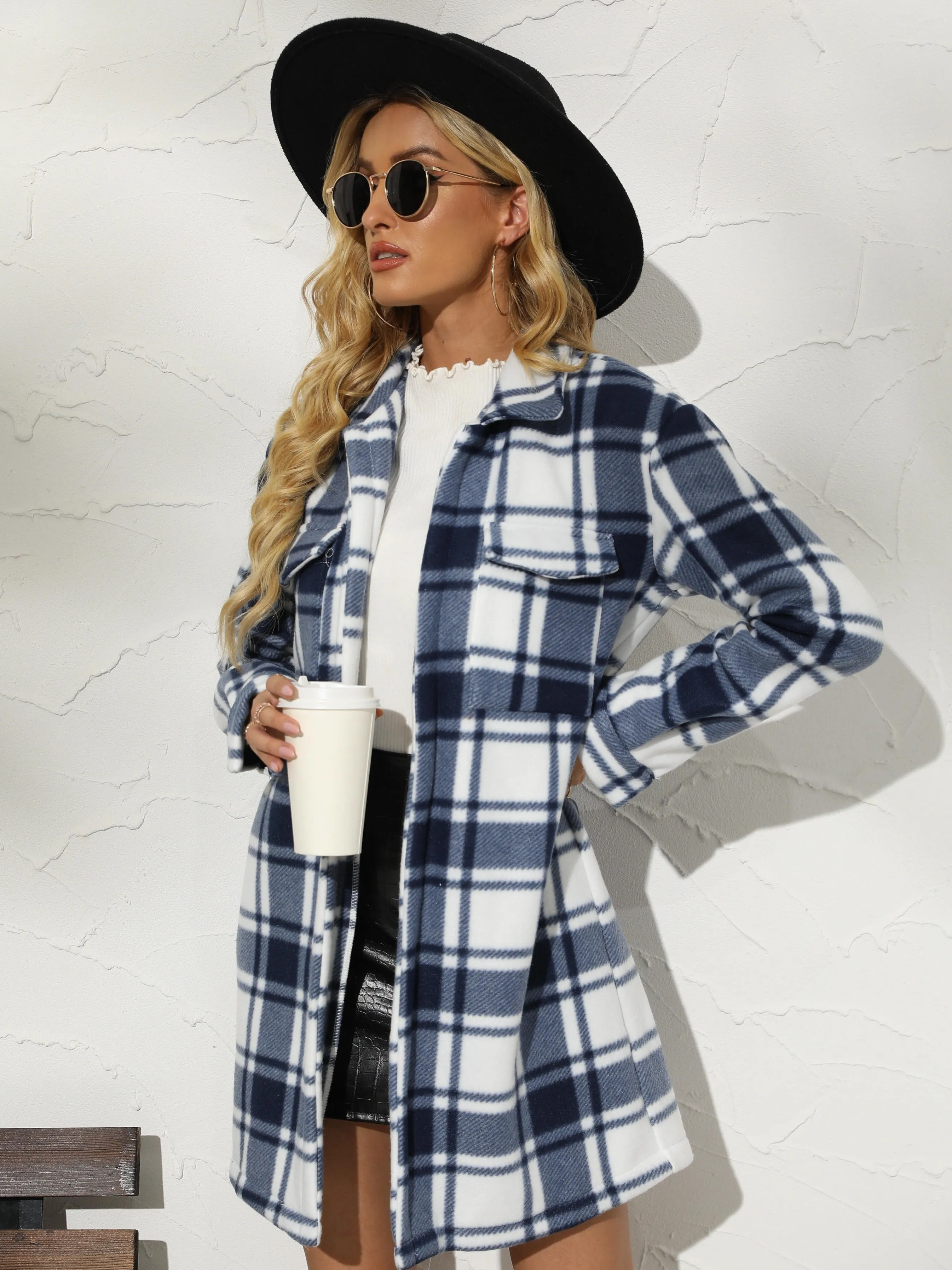 Women's Buffalo Plaid Trench Coats Thick Long Sleeve Button Down Flannel Jacket Lapel Peacoat