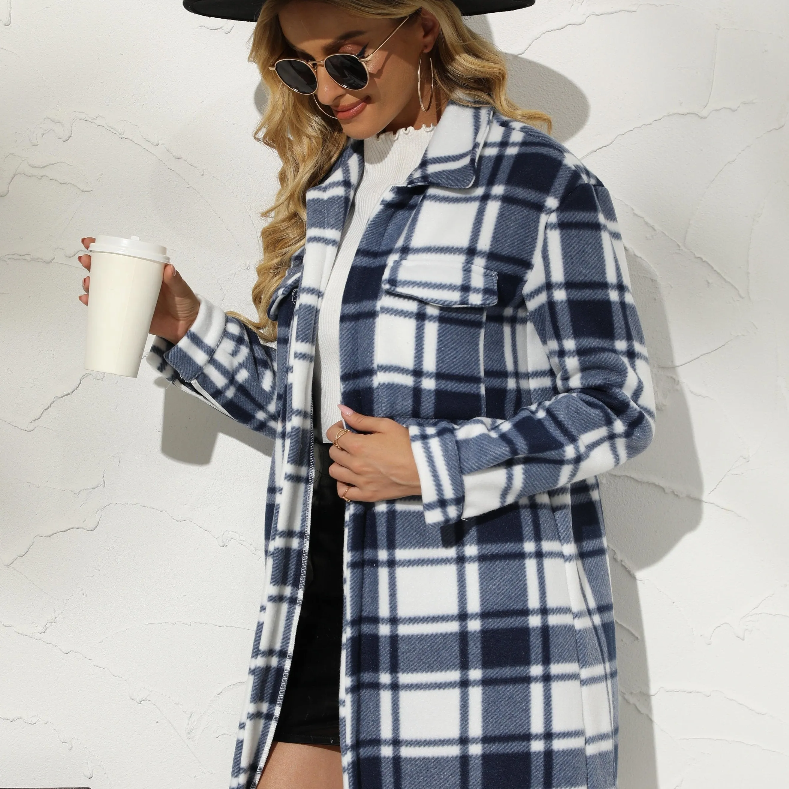 Women's Buffalo Plaid Trench Coats Thick Long Sleeve Button Down Flannel Jacket Lapel Peacoat