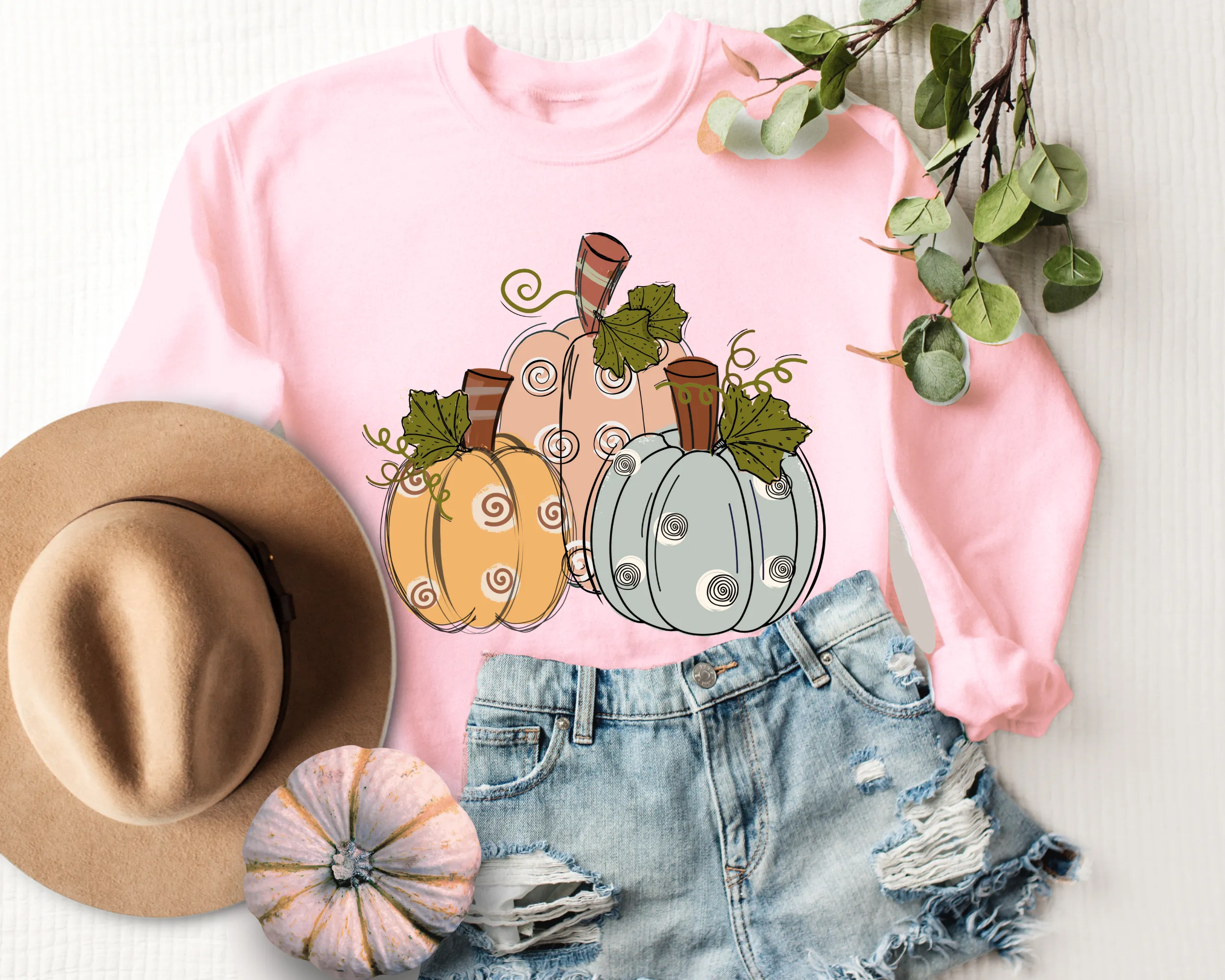 Women's Fall Hand Drawn Pastel Pumpkins Pullover Sweatshirt