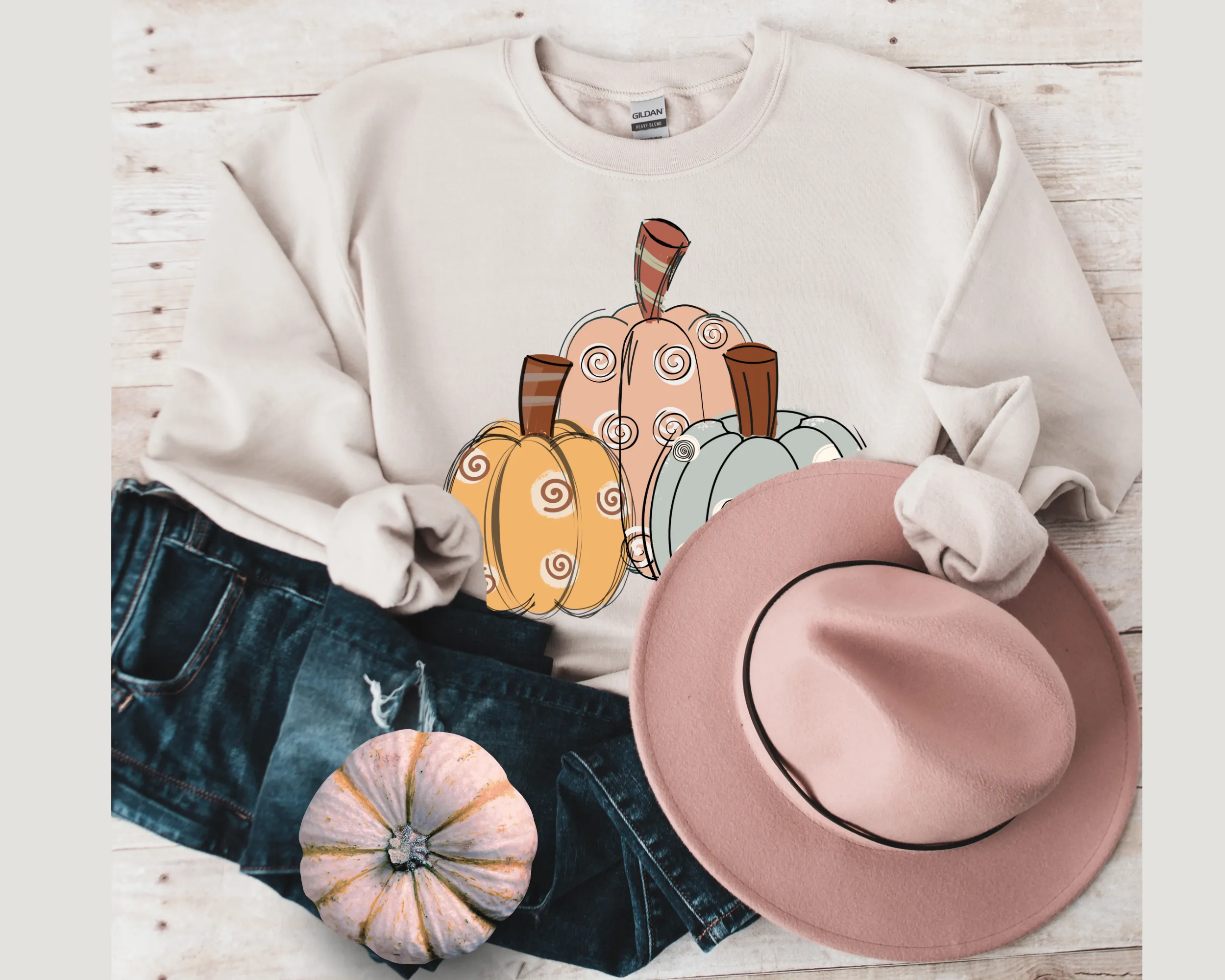 Women's Fall Hand Drawn Pastel Pumpkins Pullover Sweatshirt