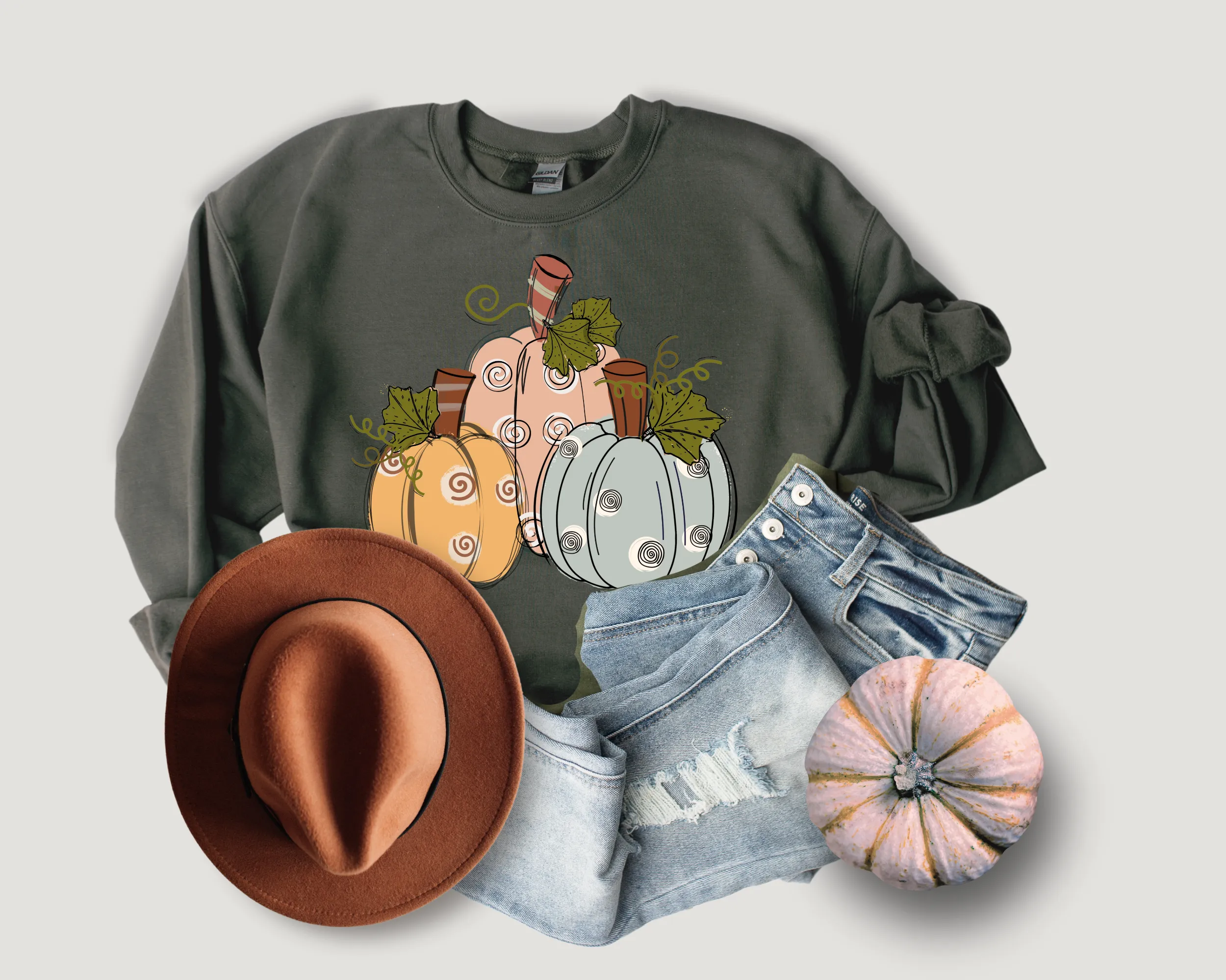 Women's Fall Hand Drawn Pastel Pumpkins Pullover Sweatshirt