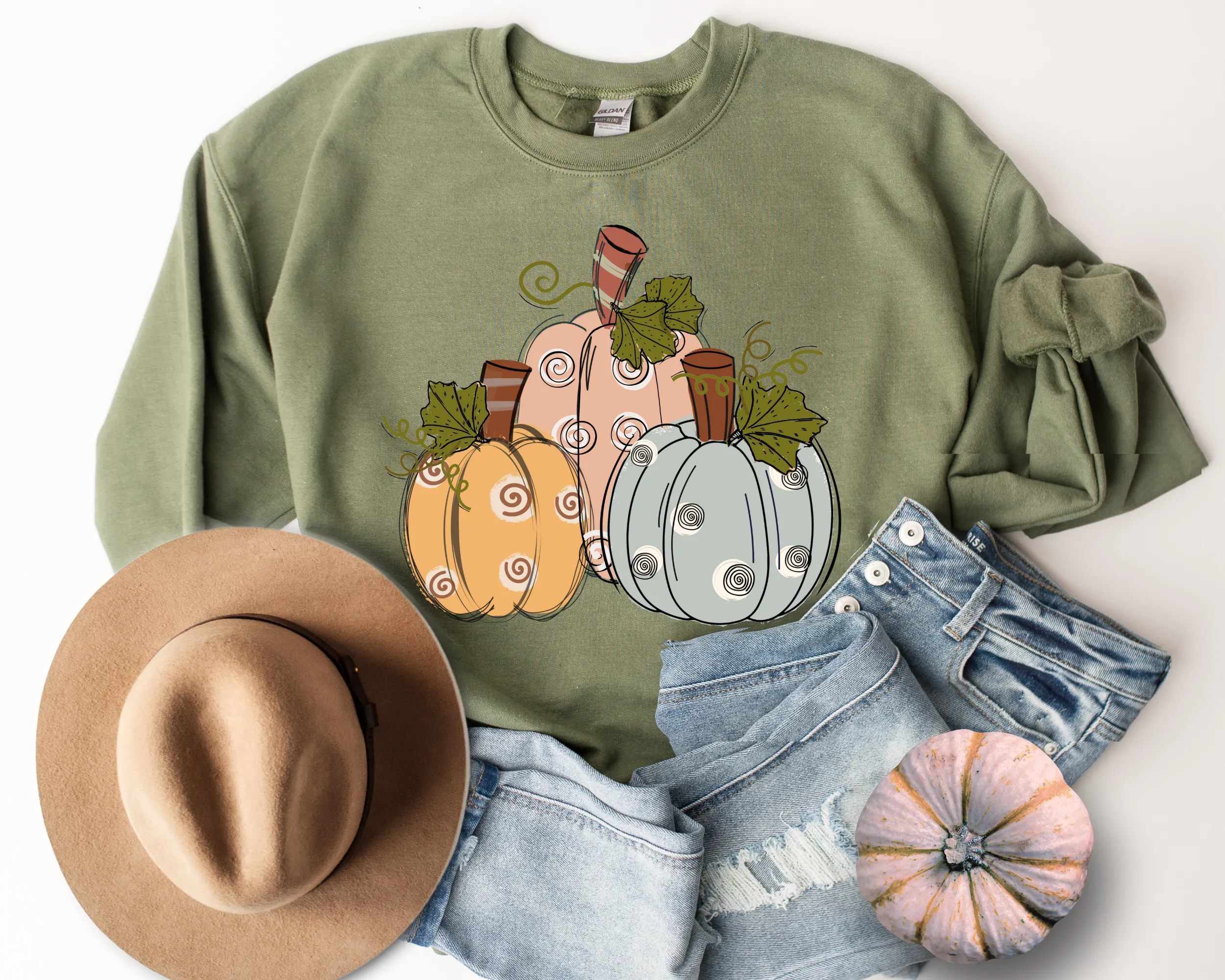 Women's Fall Hand Drawn Pastel Pumpkins Pullover Sweatshirt