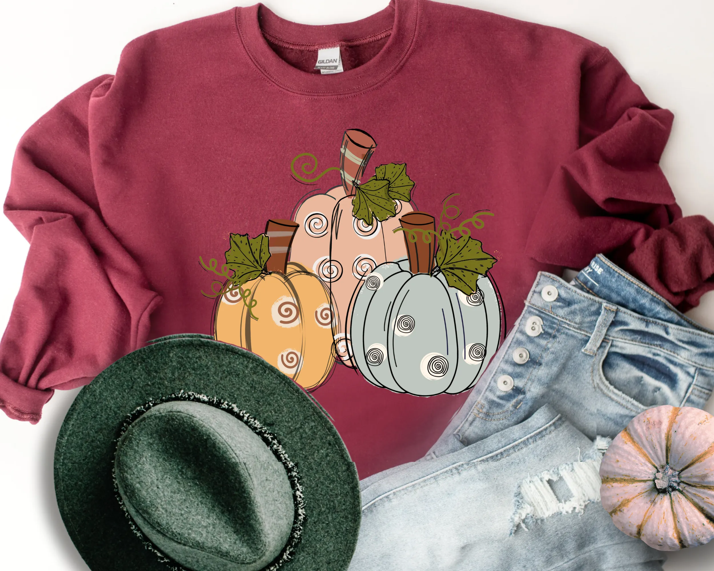 Women's Fall Hand Drawn Pastel Pumpkins Pullover Sweatshirt