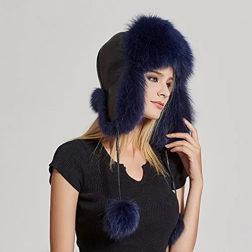 Women's Fur Trapper Hat with Sheepskin Earflap Bomber Hat Men's Winter Fur Hat(Blue)