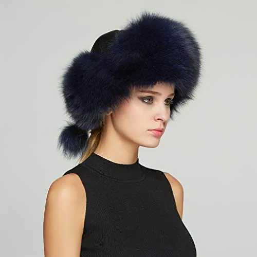 Women's Fur Trapper Hat with Sheepskin Earflap Bomber Hat Men's Winter Fur Hat(Blue)