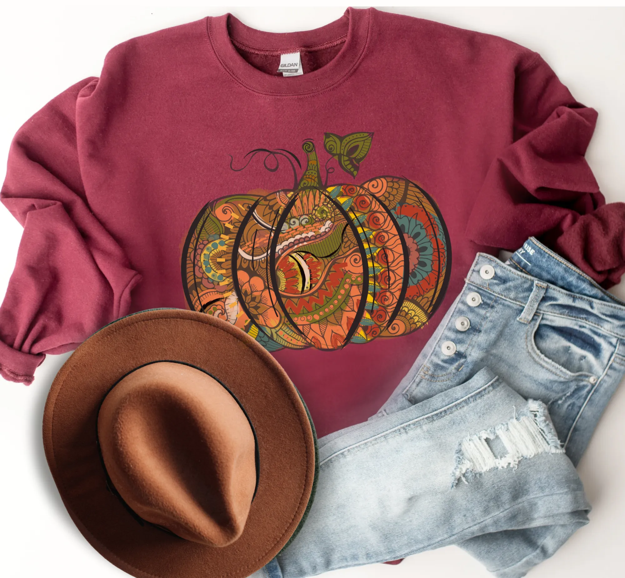 Women's Hand Drawn Pumpkin Design Sweatshirt Gildan Pullover