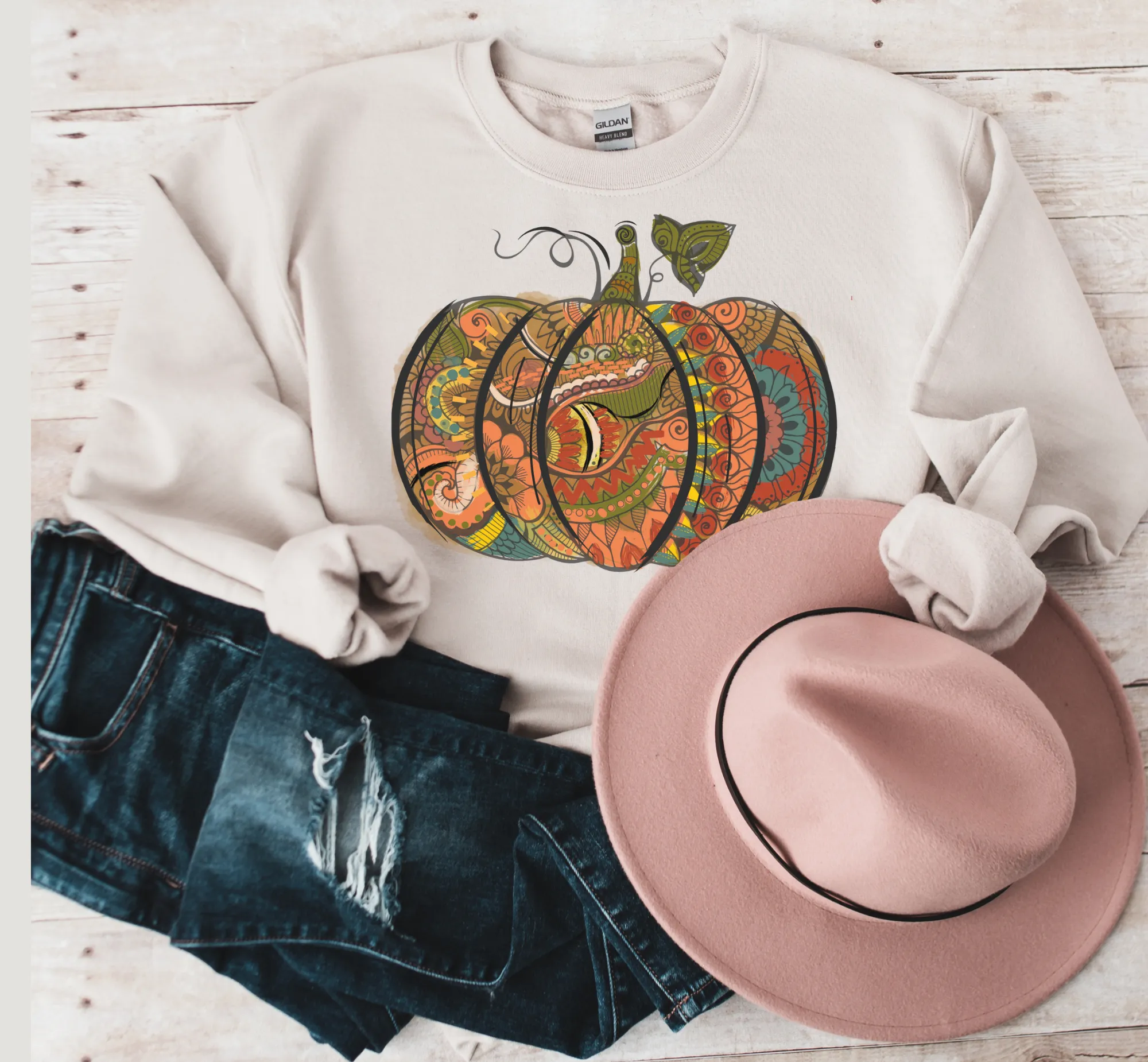 Women's Hand Drawn Pumpkin Design Sweatshirt Gildan Pullover