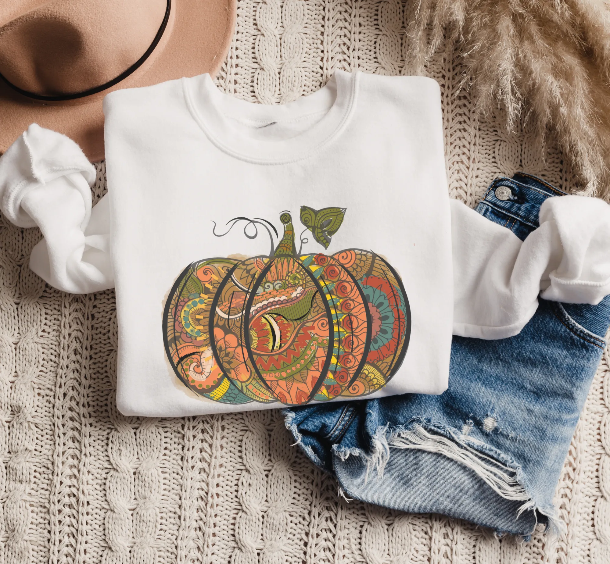 Women's Hand Drawn Pumpkin Design Sweatshirt Gildan Pullover