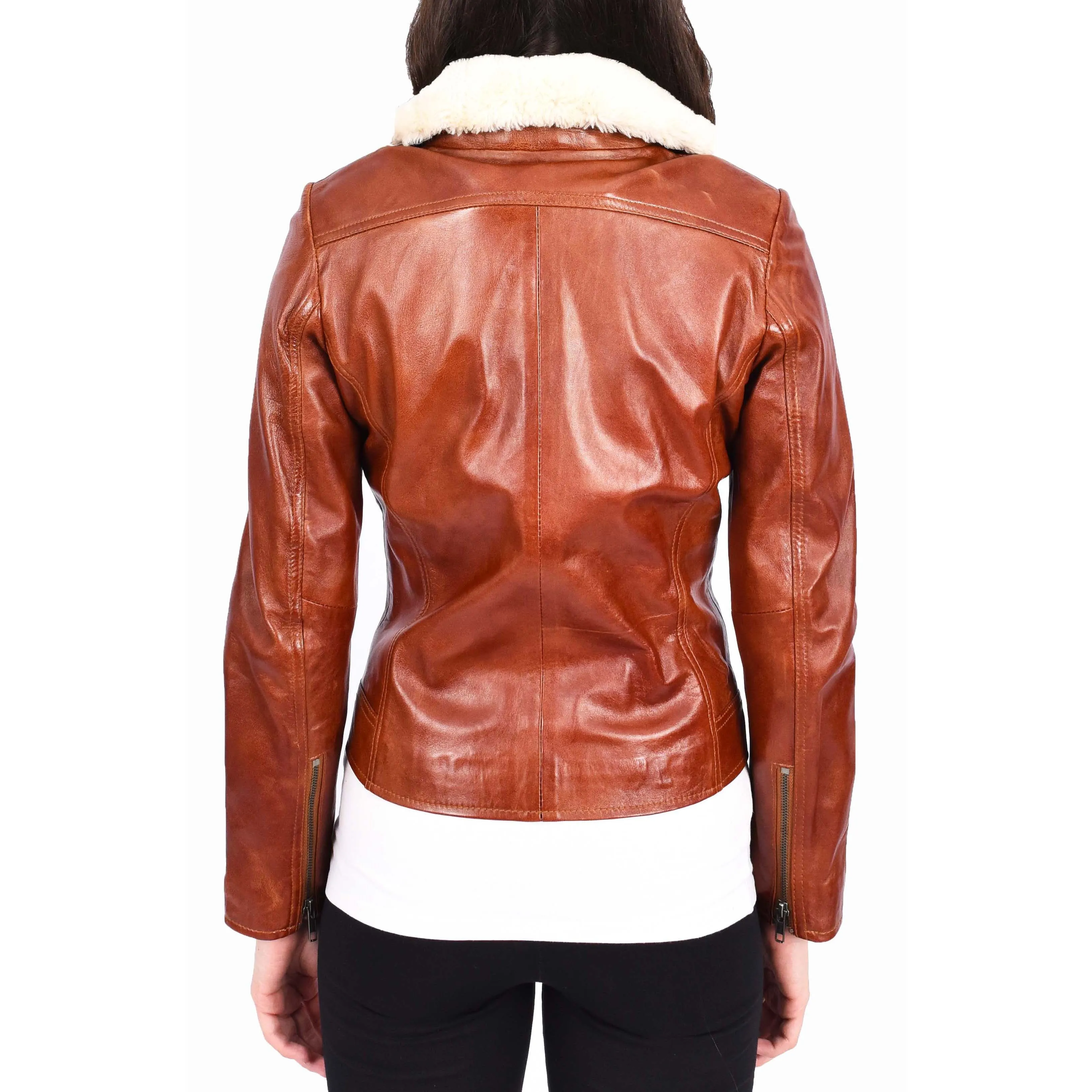 Womens Real Chestnut Leather Trendy Biker Jacket With Removable Sheepskin Collar Rosie