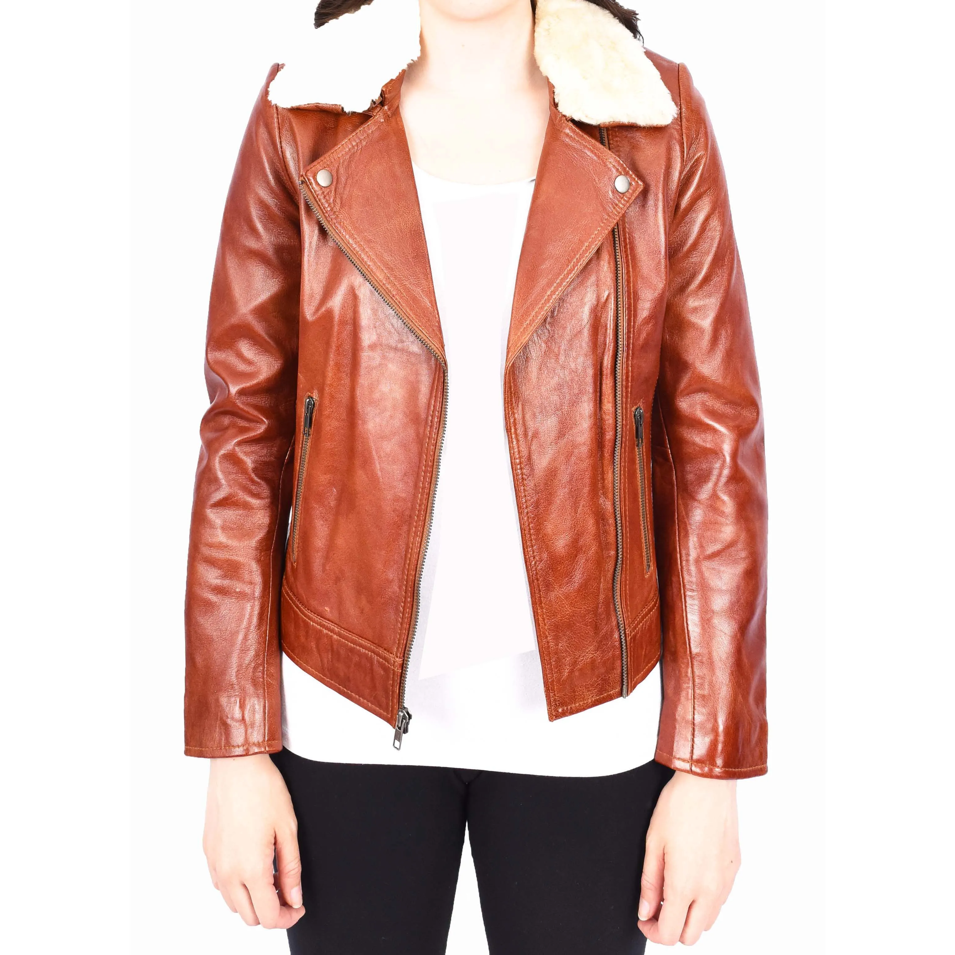 Womens Real Chestnut Leather Trendy Biker Jacket With Removable Sheepskin Collar Rosie