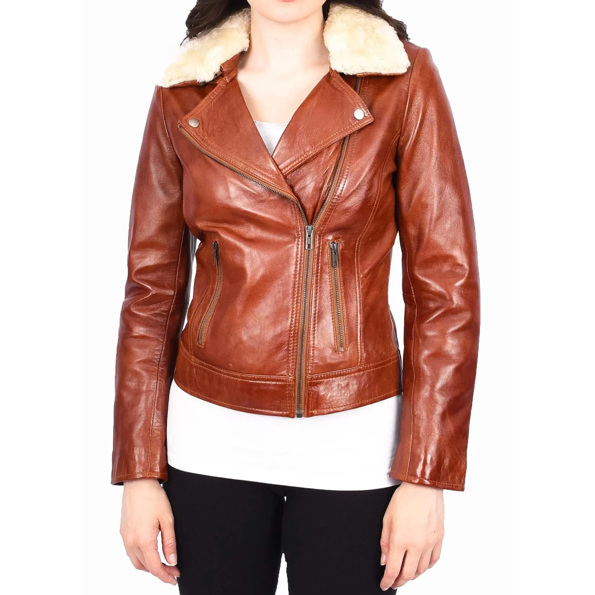 Womens Real Chestnut Leather Trendy Biker Jacket With Removable Sheepskin Collar Rosie