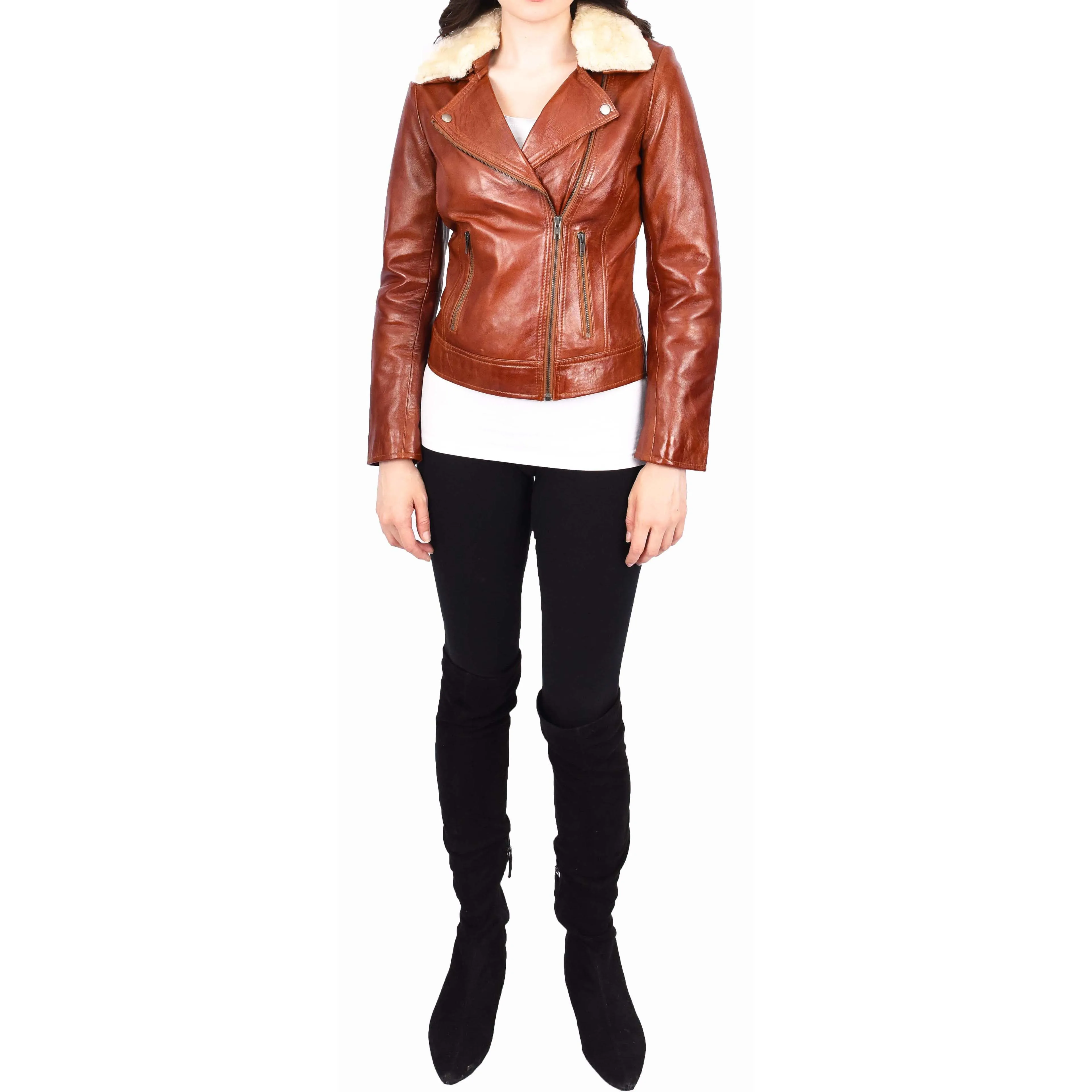 Womens Real Chestnut Leather Trendy Biker Jacket With Removable Sheepskin Collar Rosie