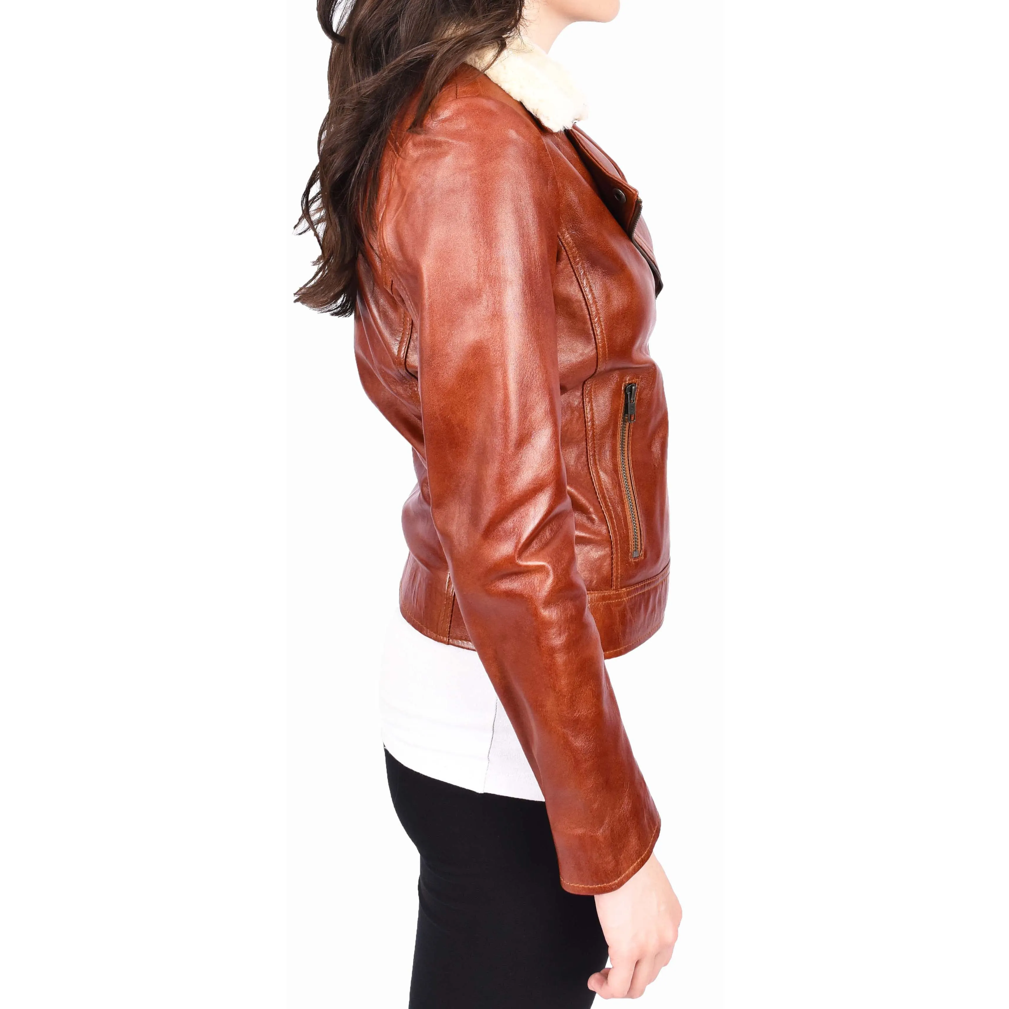 Womens Real Chestnut Leather Trendy Biker Jacket With Removable Sheepskin Collar Rosie