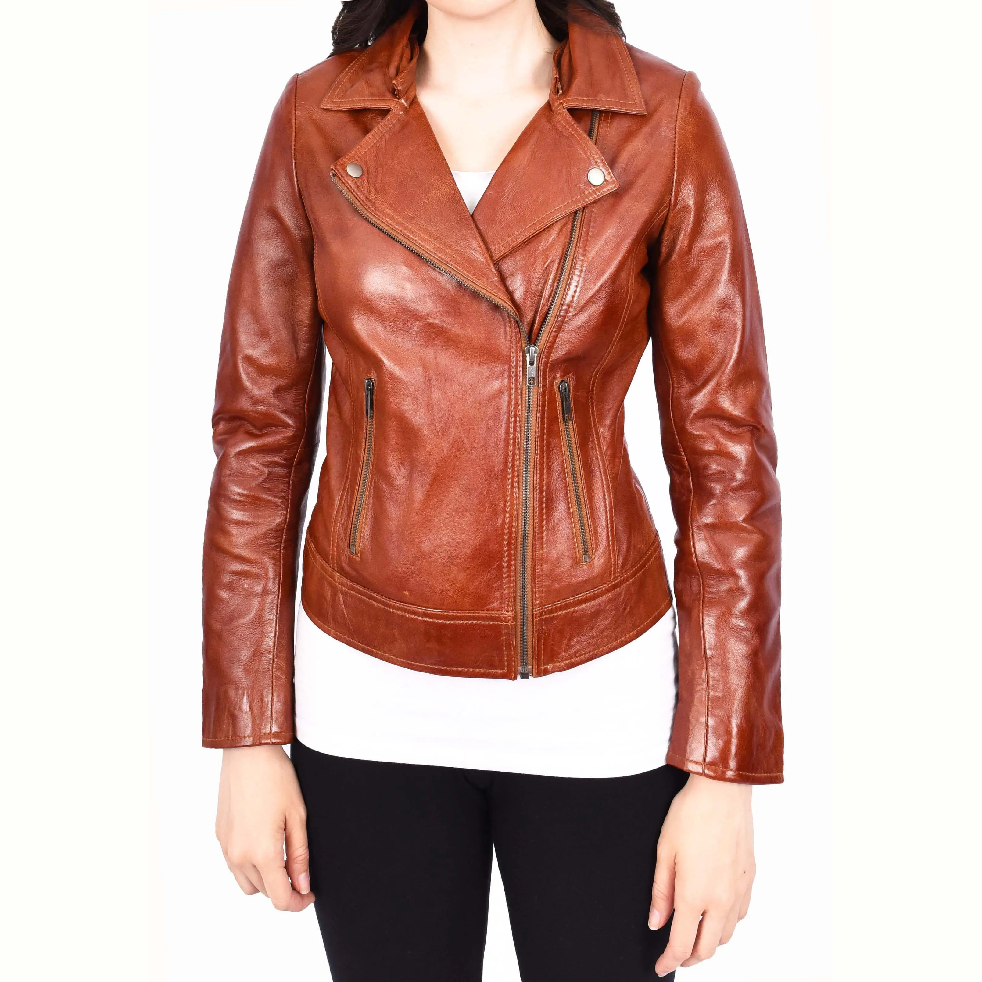 Womens Real Chestnut Leather Trendy Biker Jacket With Removable Sheepskin Collar Rosie