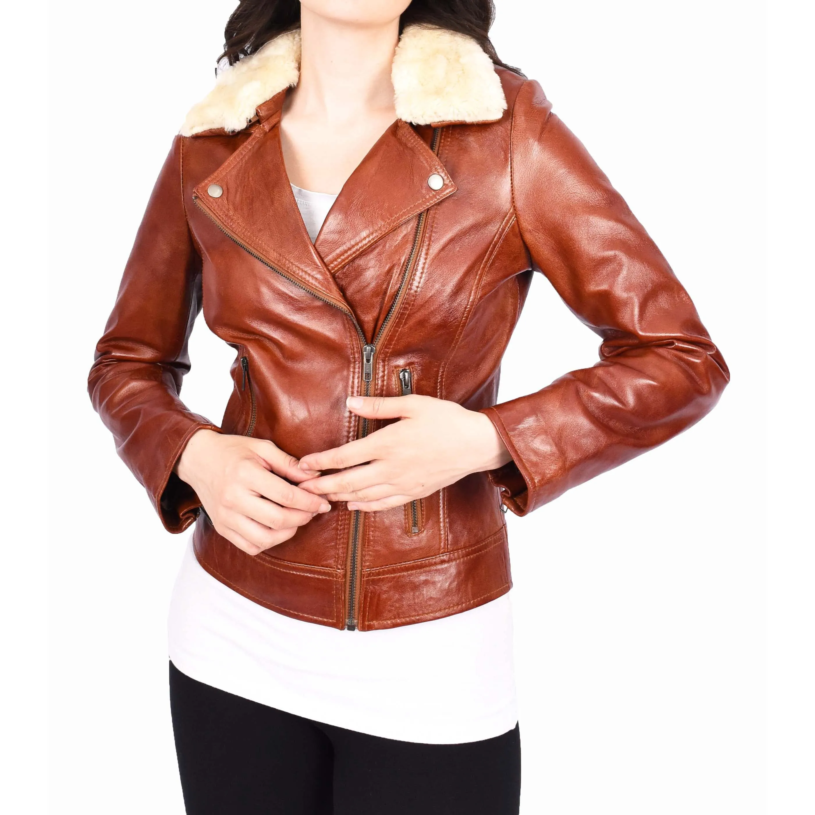 Womens Real Chestnut Leather Trendy Biker Jacket With Removable Sheepskin Collar Rosie