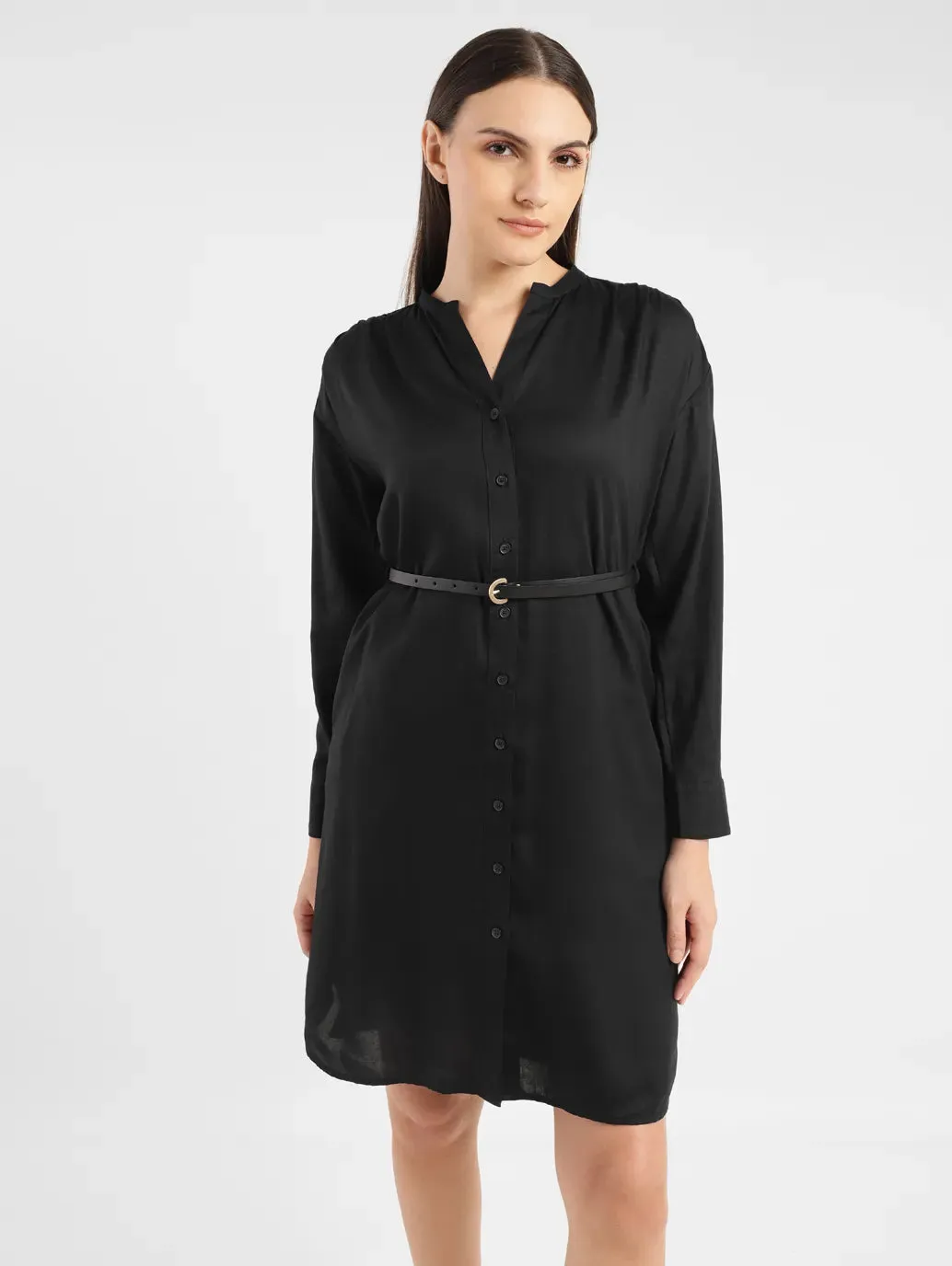 Women's Solid Black Band Neck Dress