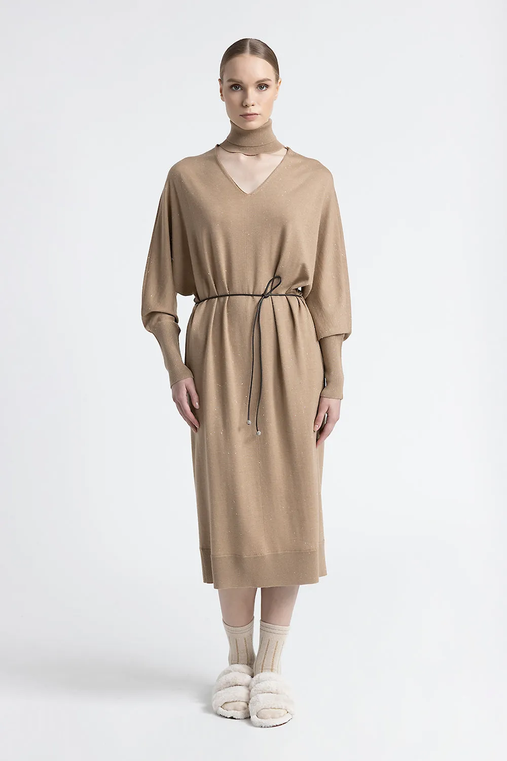 Wool and viscose belted midi dress